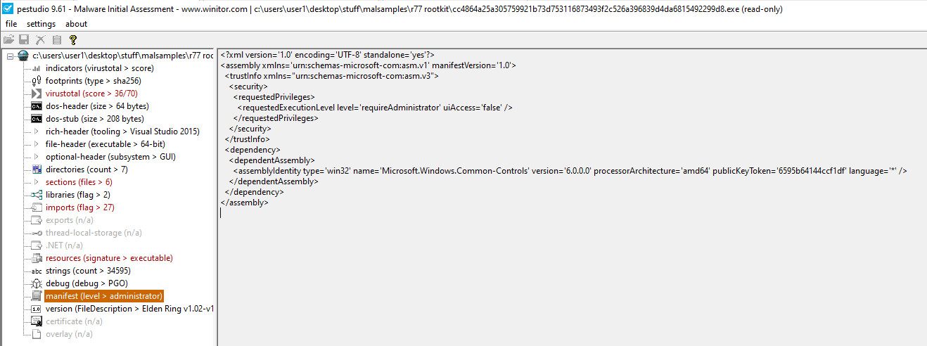 PEStudio R77 Rootkit Manifest