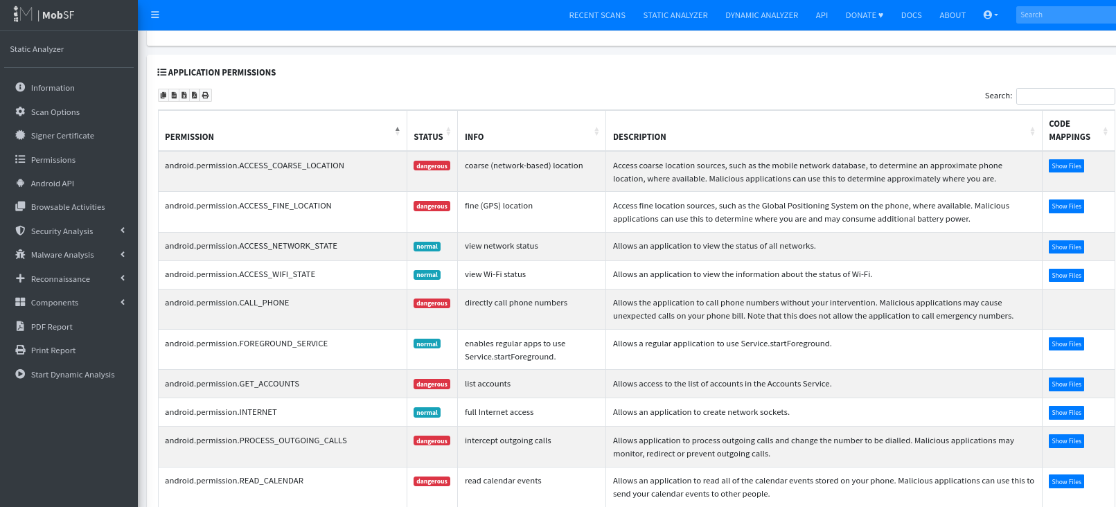 MOBSF Donot APT APK Malware Dangerous Permissions