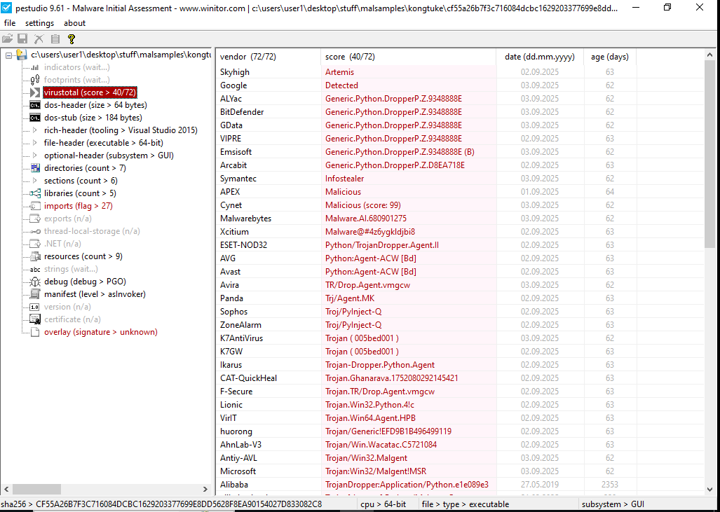 PEStudio Kongtuke VirusTotal