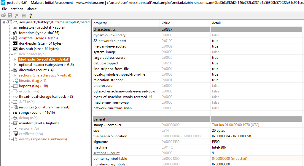 PEStudio Metadatabin Ransomware File Header (Timestamp)