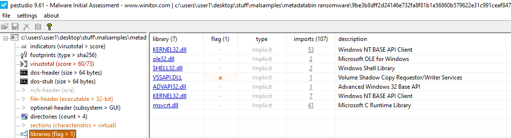 PEStudio Metadatabin ransomware Libaries