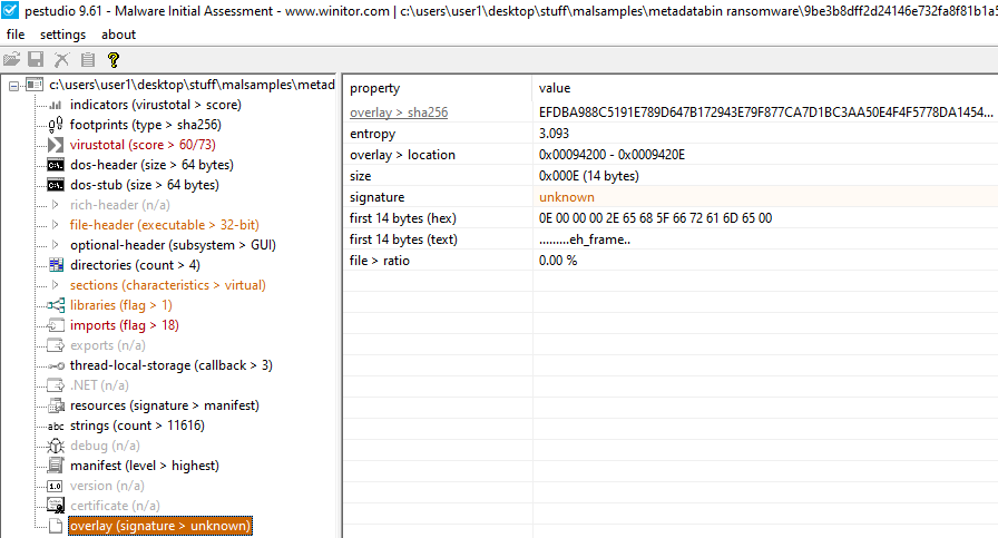 PEStudio Metadatabin Ransomware Overlay (Signature)