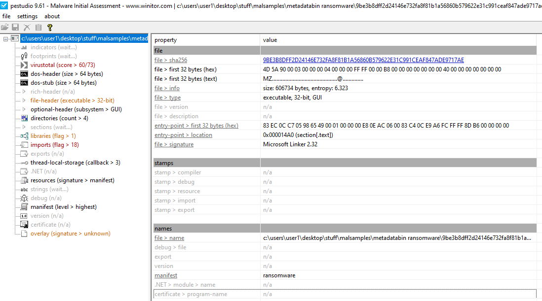 PEStudio Metadatabin Ransomware