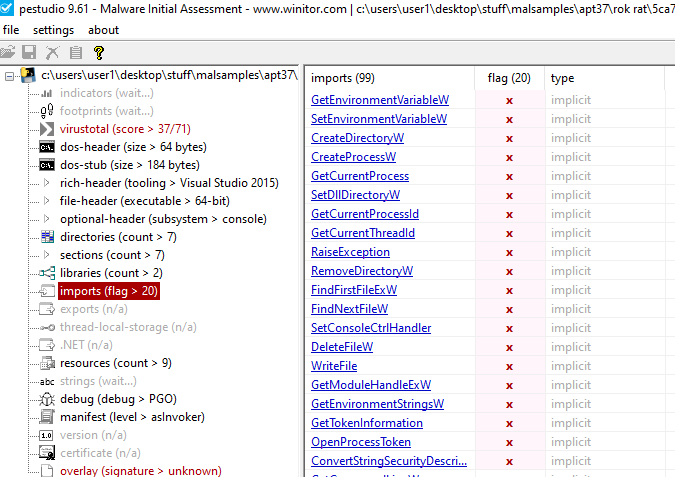 PEStudio RokRat Imports