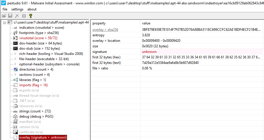 PEStudio Sandworm Indestroyer Unkown Signature