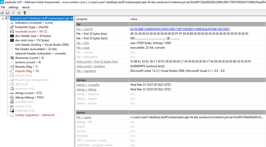 PEStudio Sandworm Indestroyer