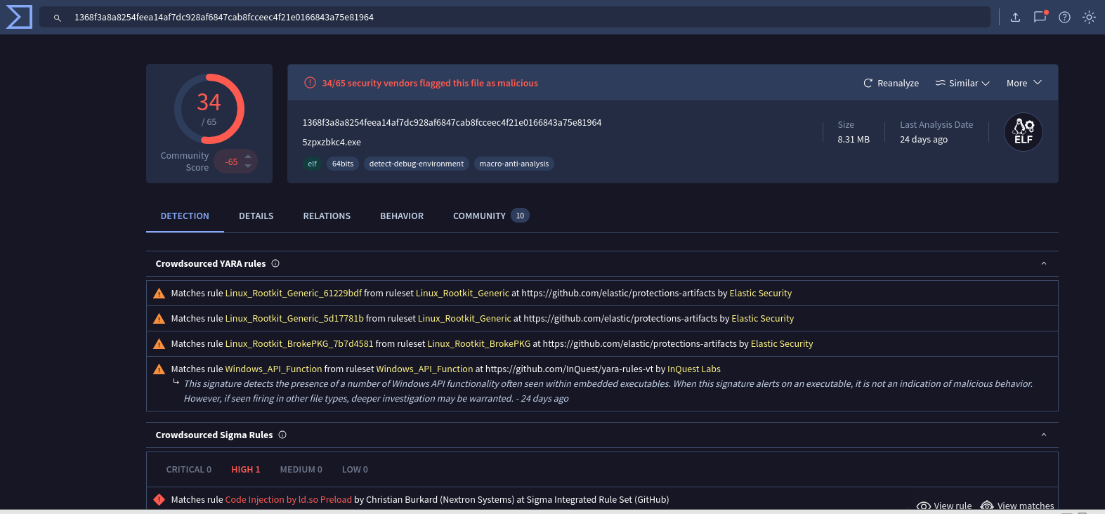 Kali LinkPro Rootkit VirusTotal