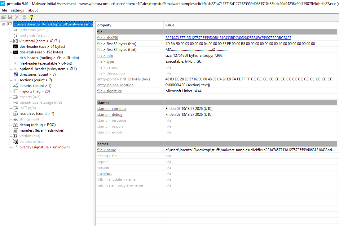 PEStudio Clickfix B22 Overview