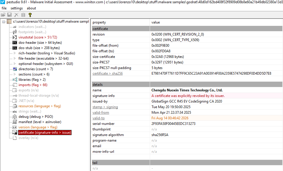 PEStudio GodRat Certificate Singature Info Revoked