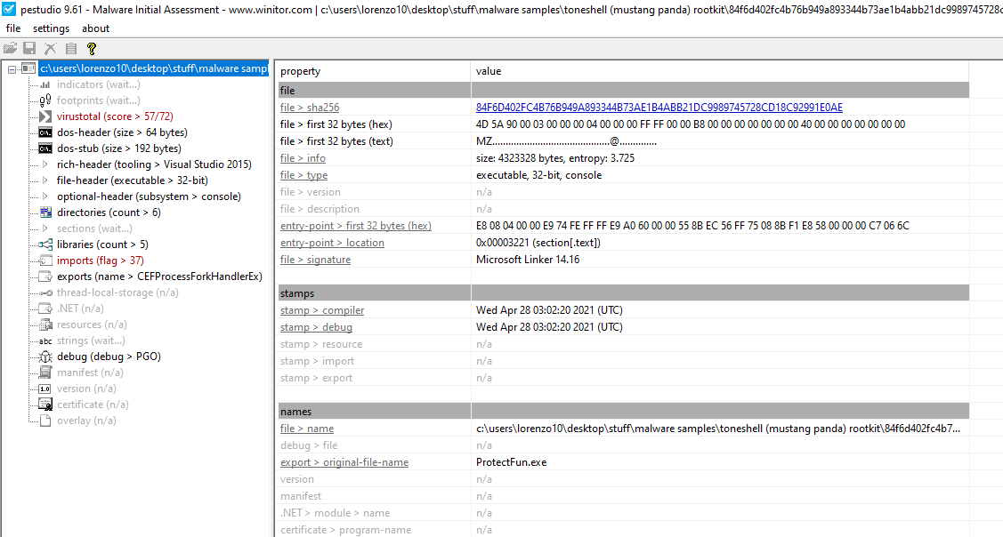 PEStudio Toneshell Rootkit